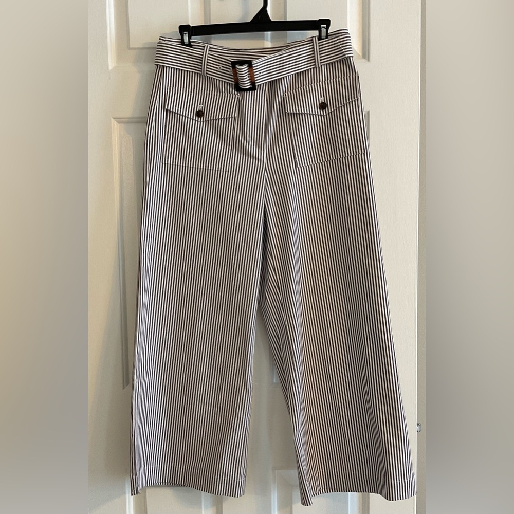 NWT LOFT Brown and White Striped Cropped Belted Pant - Size 6 - Picture 3 of 16